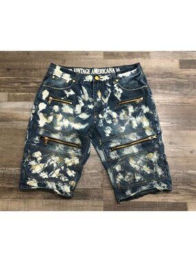 Vintage American Mens Size 38 Relaxed Fit Bleach Splatter Zipper Blue Jean Short